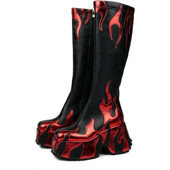 Women’s Synthetic Red Side Zipper High Heeled Flames Printing Chunky Sole Boot - Picture 2 of 7